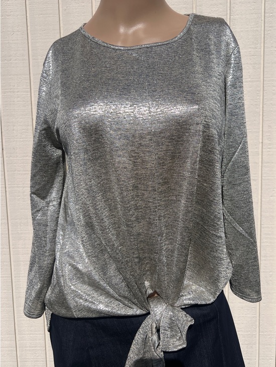Kim & Cami Tops - Kim & Cami Metallic Silver Tie-Hem Long Sleeve Top